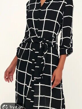 Lark &Ro Grid Print Tie-Front Midi Dress - Black/White